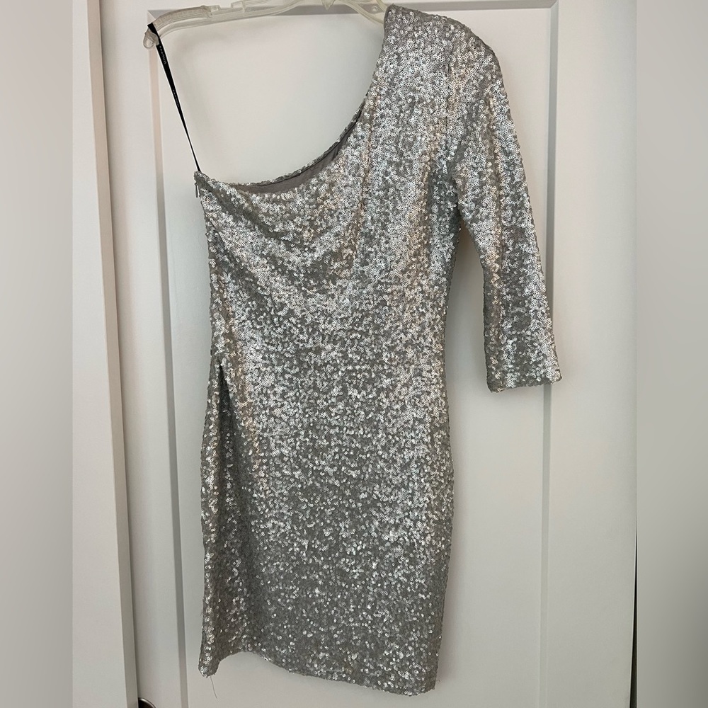 Silver Sequin Dress One Sleeve Short
